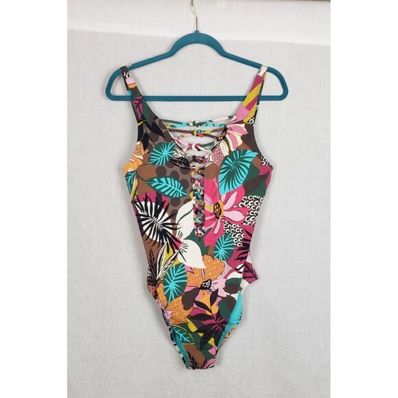Blue Rod Beattie Swimsuit 12 Tropical Floral Colorful Knotted Front Beach Resort - Picture 1 of 6
